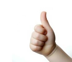 Baby hand thumbs up, Approval thumbs up like sign, caucasian child hand gesture, generative ai photo