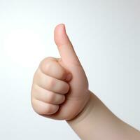 Baby hand thumbs up, Approval thumbs up like sign, caucasian child hand gesture, generative ai photo