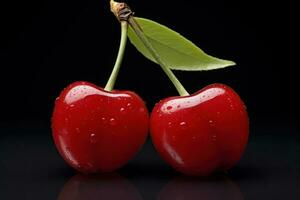 Pair of sweet cherry fruits with stems, generative ai photo