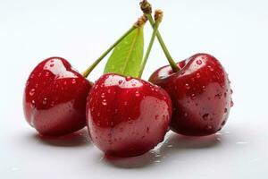 Pair of sweet cherry fruits with stems, generative ai photo