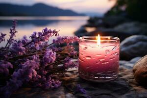 meditativo ambiente, parpadeando vela, piedras, y lavanda crear un tranquilo ajuste ai generado foto