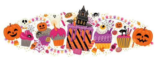 Halloween illustration. Decorated cupcakes, muffins, pastries sweets candies Vector template for banner, card, poster, web and other use