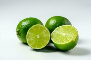 Green lime with cut in half and slices, generative ai photo