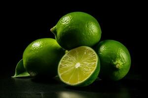 Green lime with cut in half and slices, generative ai photo