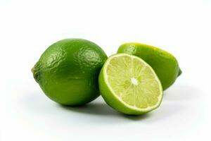 Green lime with cut in half and slices, generative ai photo