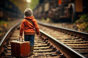 un pequeño aventurero con un maleta, embarcarse en un viaje a lo largo el ferrocarril ai generado foto