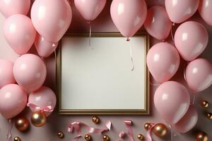 Topdown view pastel pink table, balloonframed frame, confetti perfect birthday flat lay AI Generated photo