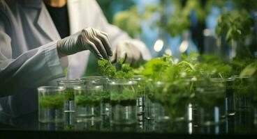 en el laboratorio, científicos mezcla naturaleza y biotecnología mientras estudiando verde plantas ai generado foto