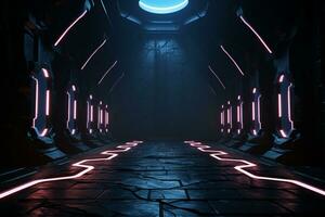 Obsidian chamber morphs into a 3D sci-fi haven, projecting futuristic dimensions. AI Generated photo