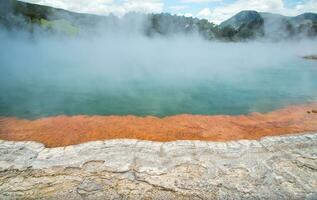 Champagne pool an iconic tourist attraction of Wai-O-Tapu the geothermal wonderland in Rotorua, New Zealand. photo