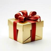 Golden gift box with red ribbon, generative ai photo