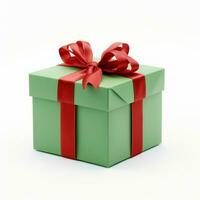 Green gift box with red ribbon, generative ai photo