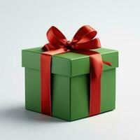 Green gift box with red ribbon, generative ai photo