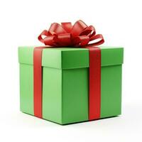 Green gift box with red ribbon, generative ai photo