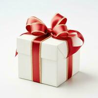 White gift box with red ribbon bow, generative ai photo