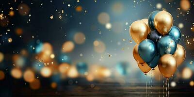 Realistic Festive background with golden and blue balloons falling confetti blurry background and a bokeh lights, generative ai photo