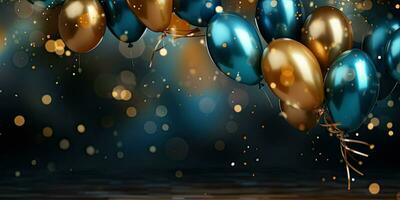 Realistic Festive background with golden and blue balloons falling confetti blurry background and a bokeh lights, generative ai photo