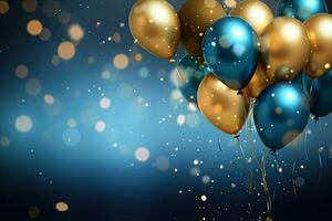 Realistic Festive background with golden and blue balloons falling confetti blurry background and a bokeh lights, generative ai photo