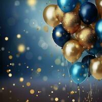 Realistic Festive background with golden and blue balloons falling confetti blurry background and a bokeh lights, generative ai photo