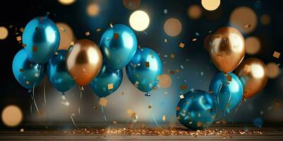 Realistic Festive background with golden and blue balloons falling confetti blurry background and a bokeh lights, generative ai photo