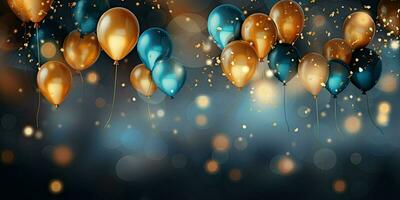 Realistic Festive background with golden and blue balloons falling confetti blurry background and a bokeh lights, generative ai photo