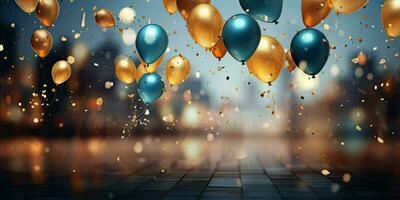 Realistic Festive background with golden and blue balloons falling confetti blurry background and a bokeh lights, generative ai photo