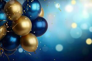 Realistic Festive background with golden and blue balloons falling confetti blurry background and a bokeh lights, generative ai photo