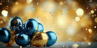 Realistic Festive background with golden and blue balloons falling confetti blurry background and a bokeh lights, generative ai photo