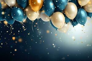 Realistic Festive background with golden and blue balloons falling confetti blurry background and a bokeh lights, generative ai photo