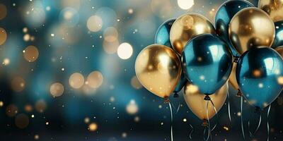 Realistic Festive background with golden and blue balloons falling confetti blurry background and a bokeh lights, generative ai photo
