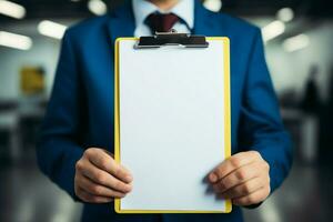 Focused arrangement Close up hand with clipboard mock up, highlighting meticulous organization AI Generated photo