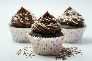 White background enhances the allure of a cup filled with chocolate cakes AI Generated photo