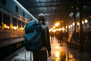 In solitude, a backpacking traveler navigates the train station's bustling corridors AI Generated photo