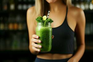 Close up Woman grips a nutrient rich spinach broccoli smoothie, embodying a healthy lifestyle AI Generated photo