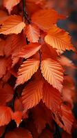 Fiery red and yellow leaves fall gently in an autumn breeze. Vertical Mobile Wallpaper AI Generated photo