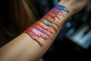 Unidentified woman's arm adorned with makeup swatches, experimenting with cosmetic colors AI Generated photo