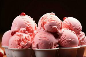 frio confección un trío de fresa hielo crema cucharadas ofertas irresistible refresco ai generado foto