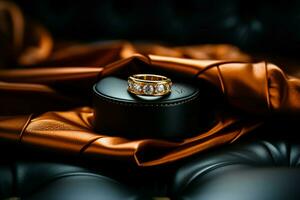 The allure of gold rings complements the timeless charm of a leather sofa AI Generated photo