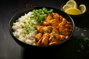 Rich indulgence Indian butter chicken in a black bowl against a dark backdrop AI Generated photo