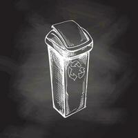 Monochrome hand drawn sketch of plastic trash container on chalkboard background. Segregate waste, sorting garbage, waste management. Vector illustration. Vintage, doodle style.