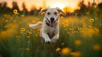 un perro dorado juguetón perdiguero corriendo en el prado, ai generado foto