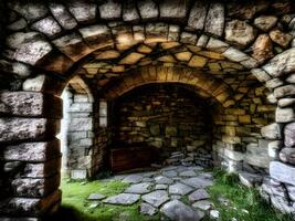 old wooden door with a stone wall photo