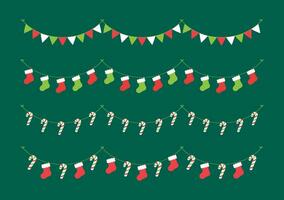 Set of Christmas and winter holiday decoration garland. Christmas decoration elements collection. Santa sock, stockings, mistletoe, ornaments, candy cane. Vector Illustration.