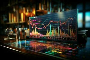 Stock market investment and trading portrayed through a graphical chart display AI Generated photo