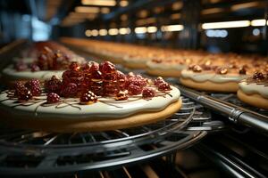 Cakes glide along automated conveyor, a sweet sight in bakery  AI Generated photo