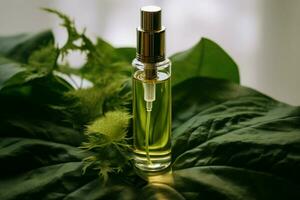 Elegant serum bottle nestled amid lush green foliage, radiating natural beauty AI Generated photo