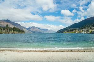 The beautiful view of Lake Wakatipu at Queenstown in Otago region of New Zealand. photo