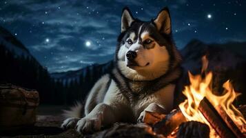 A majestic Siberian Husky resting a crackling campfire under a starstudded night sky AI generated photo