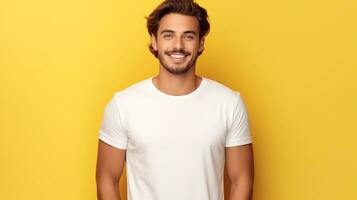 smiling man in a white t-shirt, plain background, AI-generated photo