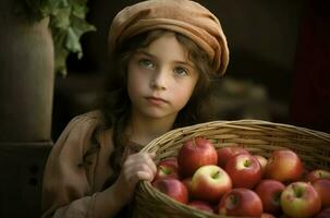 pequeño niña manzanas cesta. generar ai foto